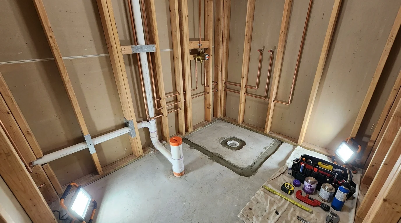 Bathroom rough-in plumbing during remodel by Johns Plumbing LLC in Lynnwood