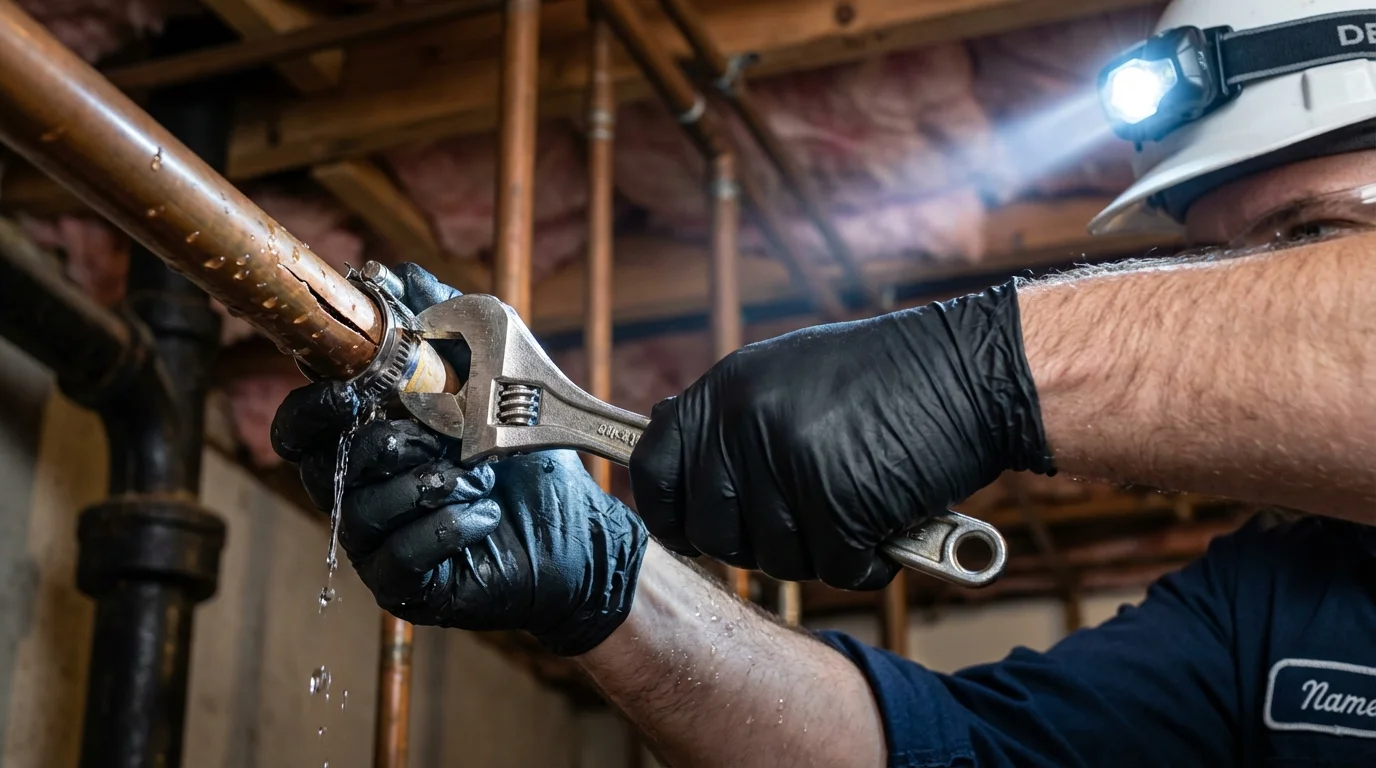 Emergency pipe clamp repair being performed by a Johns Plumbing LLC plumber in Lynnwood