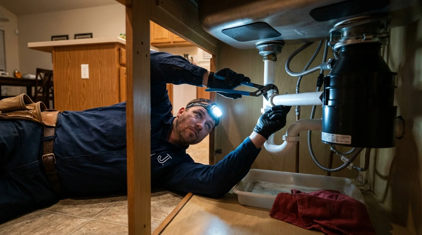 P-trap and supply line connections under a kitchen sink showing a common leak point in Lynnwood, WA